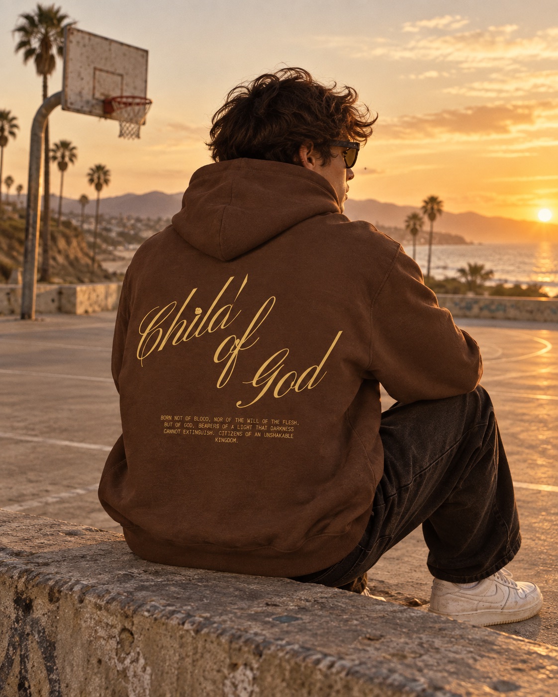 Persona usando la sudadera café Child of God